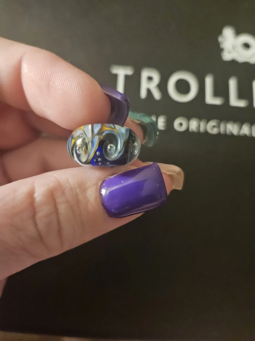 Trollbeads Glass Mosaic Bead in Blue, Gold & Black Unique JUMBO bead